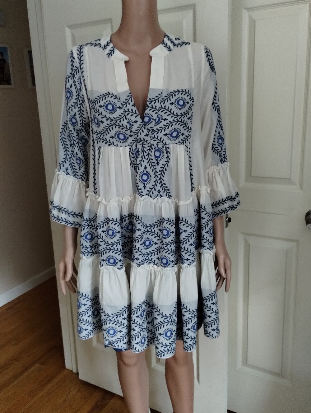 Kasia White Cotton Dress with Navy Blue Folk Embroidery Small